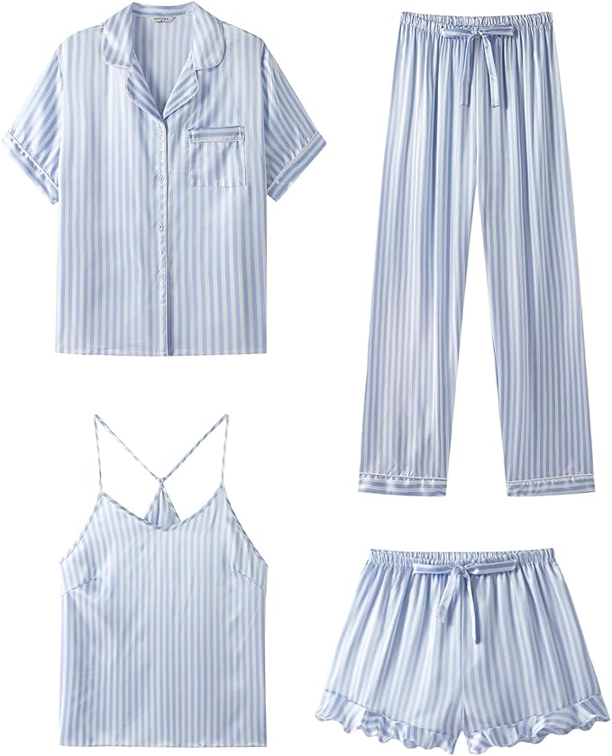 SAPJON Silk Pajamas for Women Set 4Pcs Ruffled Satin Pajamas Set Button Down Short Sleeve Cami Shorts Sleepwear Pj Set