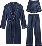 SWOMOG Men's Satin Robe 3 Pcs Silky Kimono Bathrobe Set Lightweight Soft Loungewear Nightwear