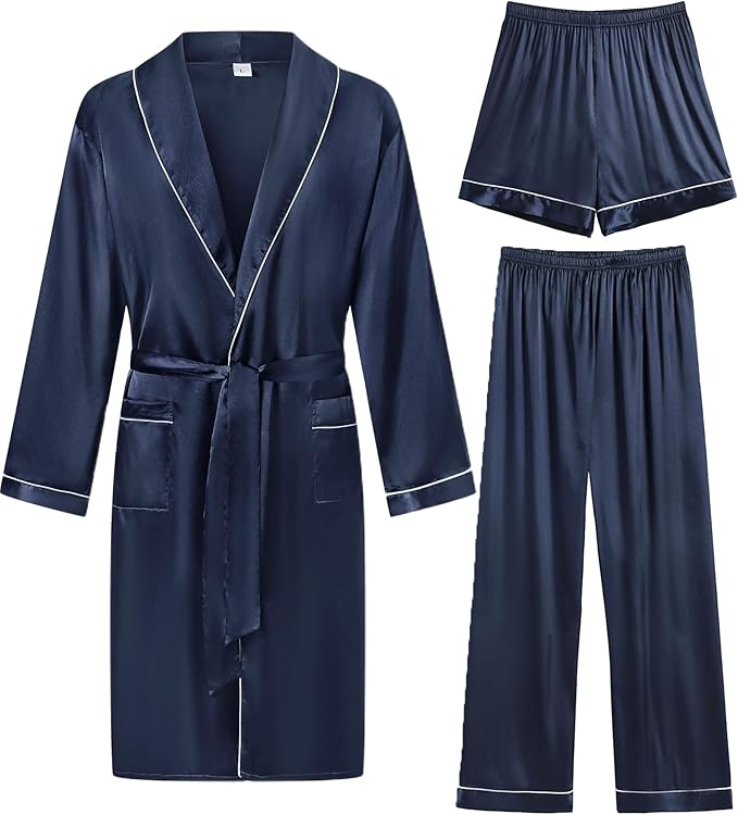 SWOMOG Men's Satin Robe 3 Pcs Silky Kimono Bathrobe Set Lightweight Soft Loungewear Nightwear