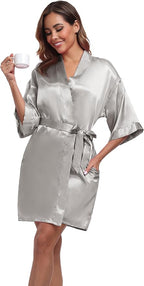 Women's Short Satin Robes Silky Bathrobe Bridesmaid Sleepwear for Wedding Party Getting Ready Solid Color