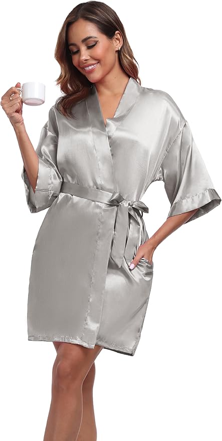 Women's Short Satin Robes Silky Bathrobe Bridesmaid Sleepwear for Wedding Party Getting Ready Solid Color