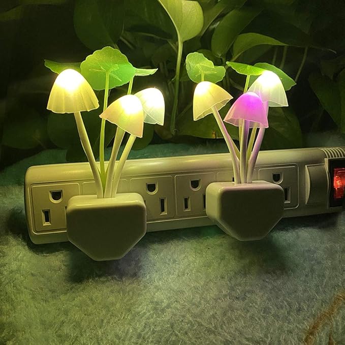 [2 Pack] UTLK Plug in LED Mushroom Night Light Lamp with Dusk to Dawn Sensor, Cut Color Changing Bed Nightlight LED Wall Light