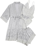 WDIRARA Women' Silk Satin Pajamas Set 4pcs Lingerie Floral Lace Cami Sleepwear with Robe