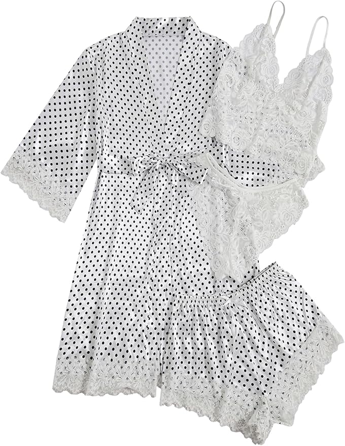WDIRARA Women' Silk Satin Pajamas Set 4pcs Lingerie Floral Lace Cami Sleepwear with Robe