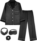 EPLAZA Kids Satin Pajamas Sets Girls Boys Button-Down Silky Pajamas Sleepwear with Hairband Eye Mask Hair Tie
