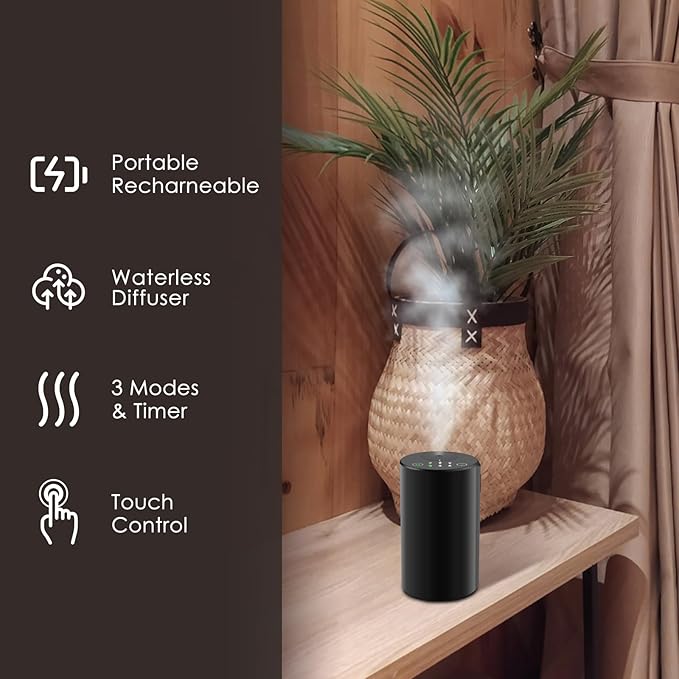 Waterless Essential Oil Diffuser, Battery Powered Mini Scent Air Machine, Aromatherapy Mist Diffuser for Home Room Car Office (Black Aluminum Alloy) (Black)
