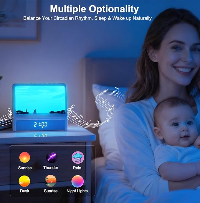 Sunrise Alarm Clock for Bedrooms, White Noise Machine Creative Simulated Sunrise Animation with 7 Modes, 12 Natural Sounds, Music Speaker & Remote, Wake Up Light Sunset Lamp Gifts for Heavy Sleepers