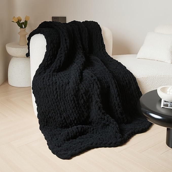 WESHIONGOO Chunky Knit Blanket Throw 51"×63" Knitted Throw Blankets for Couch Bed Fluffy Soft Blanket with Jumbo Chenille Yarn Thick 100% Handmade (Black)