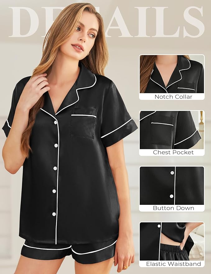 Silk Pajamas for Women Short Sleeve Sleepwear Soft Button Down Loungewear 2 Piece Satin Pjs Shorts Set S-XXL