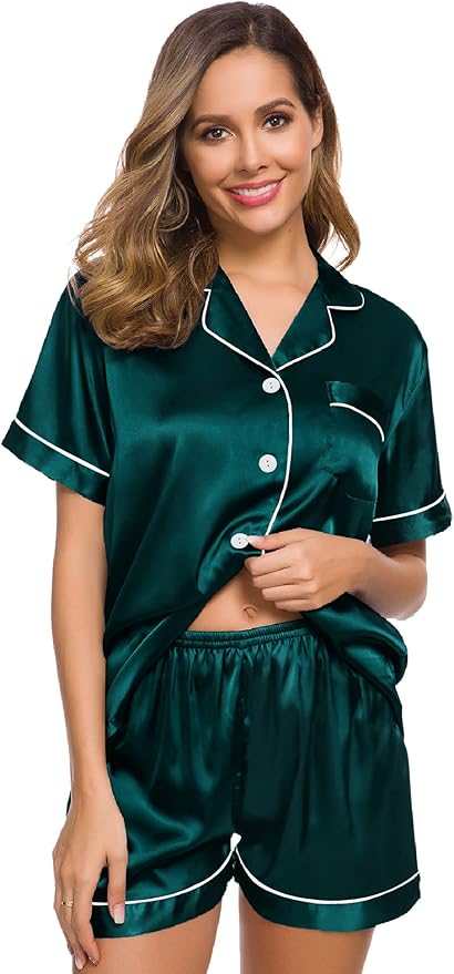 SWOMOG Womens Silk Satin Pajamas Set Short Sleeve Sleepwear Button Down Top and Shorts Loungewear 2 Piece Pjs Set XS-3XL