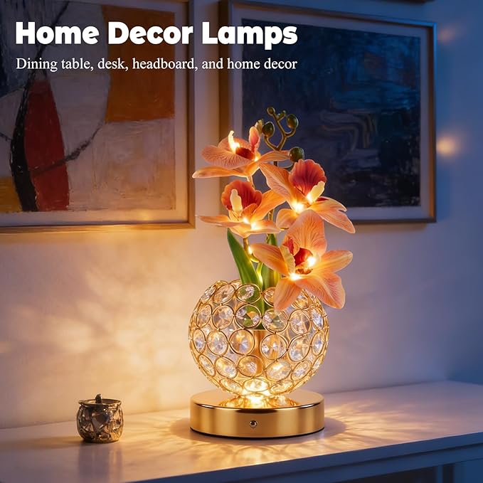 Flower Table Lamp, Orchid Flower with Crystal Vase Lamp, Cordless Touch Desk Light, 3 Colors Dimming & Rechargeable, Small Night Light for Bedroom Home, Romantic Gifts for Girl Women (White)