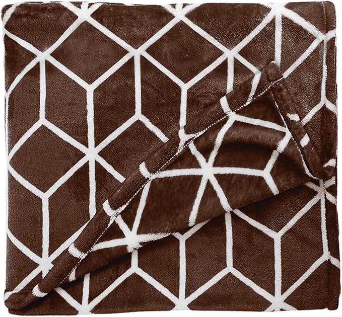 Elegant Comfort Luxury Velvety Feel Blanket, All-Season Lightweight Blanket, Ultra Plush, Soft, Cozy-Fuzzy Flannel Fleece for Couch, Sofa, Bed, Travel, Cube Design,King/California King,Chocolate Brown
