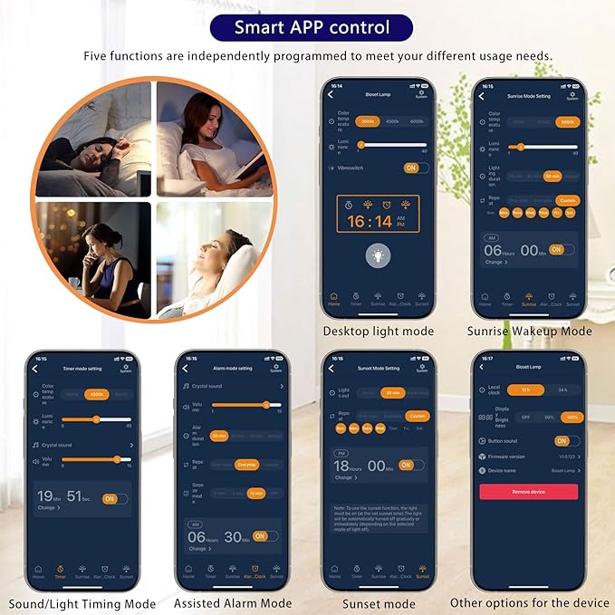 Sunrise Alarm Clock Wake Up Light - 3 Color LED with Sound & Light Awakening, Bioclock Adjustment & APP Control, Square Linen Shade for Bedroom Bedside