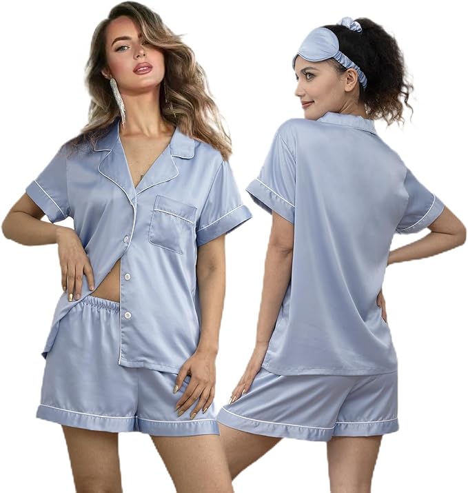 WJing Yi Jia 5Pcs Womens Soft Satin Pajama Set XS-4XL Button-Down Silk Pajamas Floral Sleepwear Bridal Pjs Lounge Pj Sets