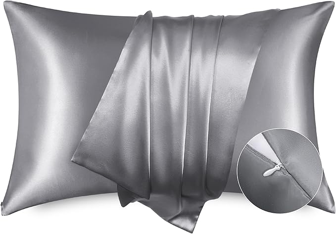 Bedsure Satin Pillowcase with Zipper, Similar to Silk Pillow Cases 2 Pack, Satin Pillow Cases Queen, Silky & Soft Bedding Pillow Covers for Hair & Skin, Gifts for Women Men, Drak Grey, 20x30 Inches