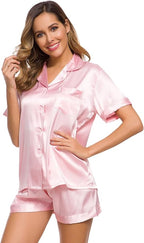 SWOMOG Womens Silk Satin Pajamas Set Short Sleeve Sleepwear Button Down Top and Shorts Loungewear 2 Piece Pjs Set XS-3XL