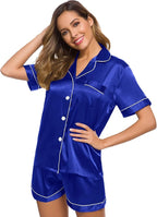 SWOMOG Womens Silk Satin Pajamas Set Short Sleeve Sleepwear Button Down Top and Shorts Loungewear 2 Piece Pjs Set XS-3XL