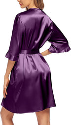 Ekouaer Women's Satin Robe Valentines Lingerie for Women Kimono Bathrobe Short Ruffle Belted Robes Bridesmaids Sleepwear