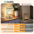 TOBUSA 6000mAh Crystal Battery Operated Lamp, Silver Modern Cordless Table Lamp Rechargeable, Portable Bedside Touch Small Desk Lamp 3000K-4500K-6000K, Stepless Dimmable Wireless LED Night Light