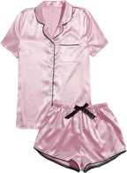WDIRARA Women's Sleepwear Satin Short Sleeve Shirt and Shorts Pajama Set