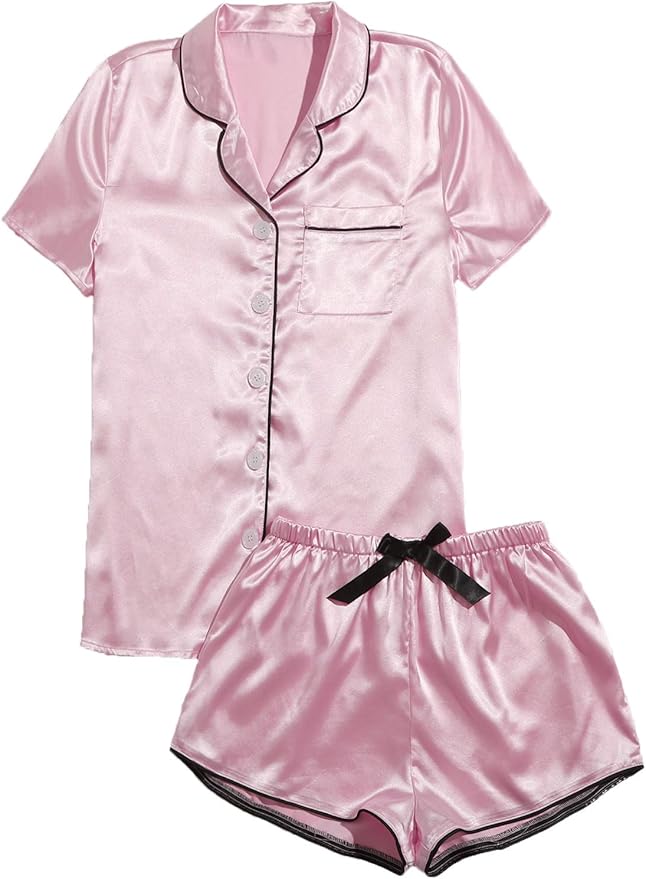 WDIRARA Women's Sleepwear Satin Short Sleeve Shirt and Shorts Pajama Set