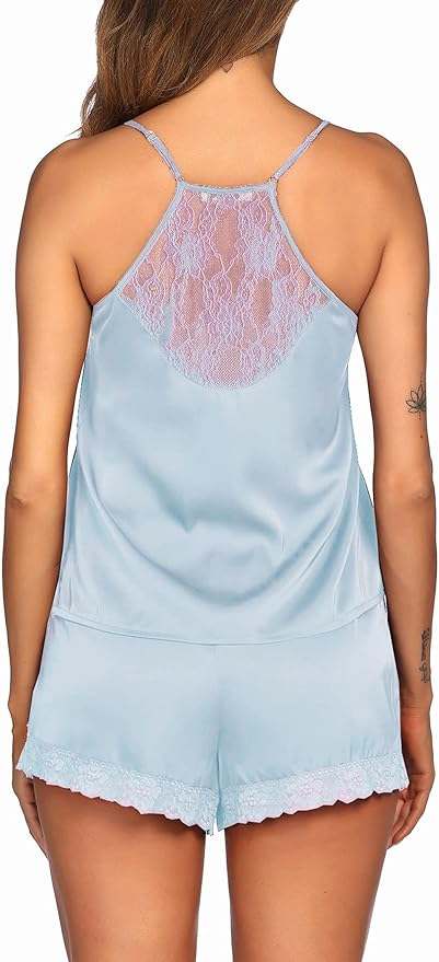 Ekouaer Satin Pajamas Women Lace Sleepwear Lingerie Cami Shorts Set Nightwear XS-XXL