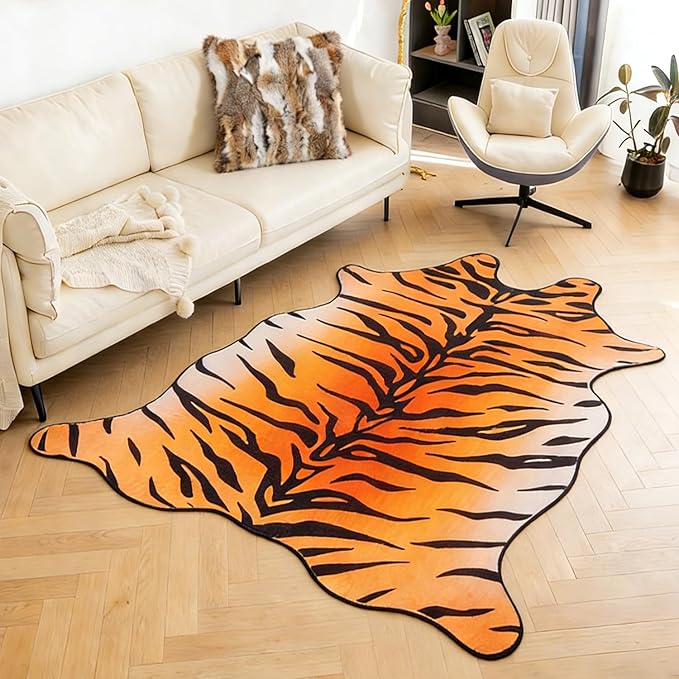 Tiger Print Area Rug, Tiger Rugs 4.6x5.2 Feet Western Rug Non-Slip Animal Print Skin Faux Cashmere Carpet for for Living Room Bedroom Home Decor