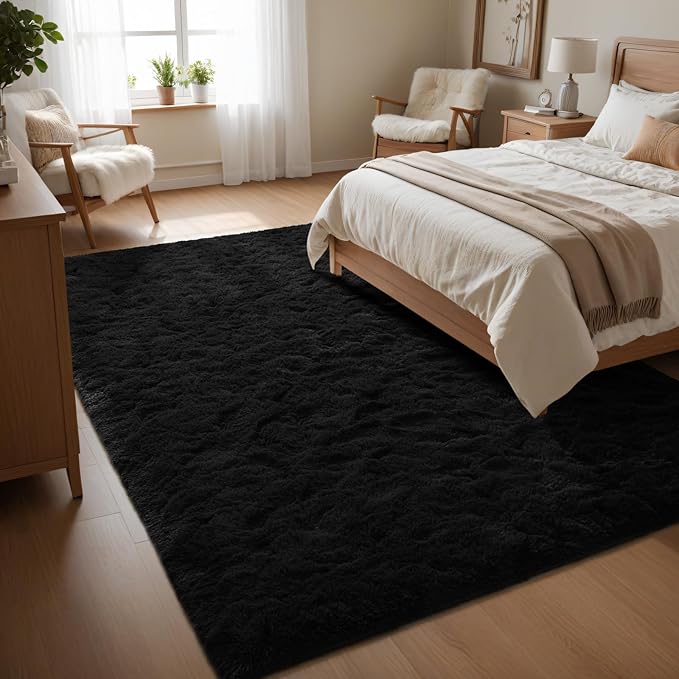 Macgace Fluffy Area Rugs for Bedroom Decor Aesthetic, 3x5 Black Shag Rug with Non-Slip Dots for Living Room, Furry Plush Mat Washable Fuzzy Carpet Modern Home Decor for Kids Nursery Gothic Room