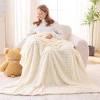 NEWCOSPLAY Super Soft Twin Blanket Ivory Premium Silky Flannel Fleece 3D Waffle Checkered Lightweight Bed Blanket All Season Use (Ivory, Twin(60"x80"))