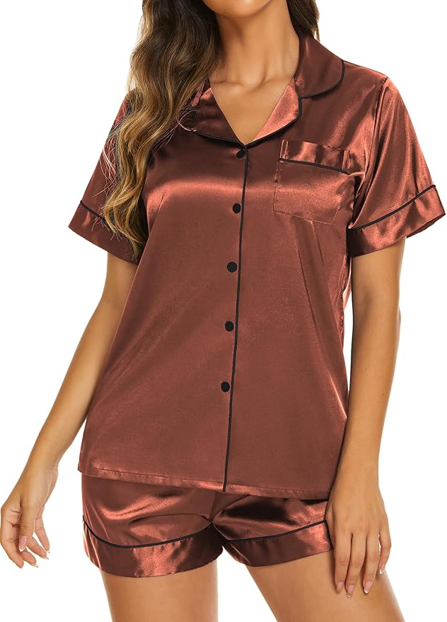 Ekouaer Silk Pajamas for Women Short Sleeve Sleepwear Soft Button Down Loungewear 2 Piece Satin Pjs Shorts Set
