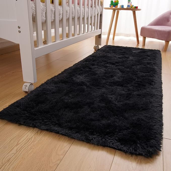YJ.GWL Runner Rugs for Hallway, 2x4 Washable Small Black Bedside Rugs for Living Room Bedroom, Soft Fluffy Shaggy Indoor Floor Carpet for Kids Boy and Girls Room Nursery Home Decor Aesthetic