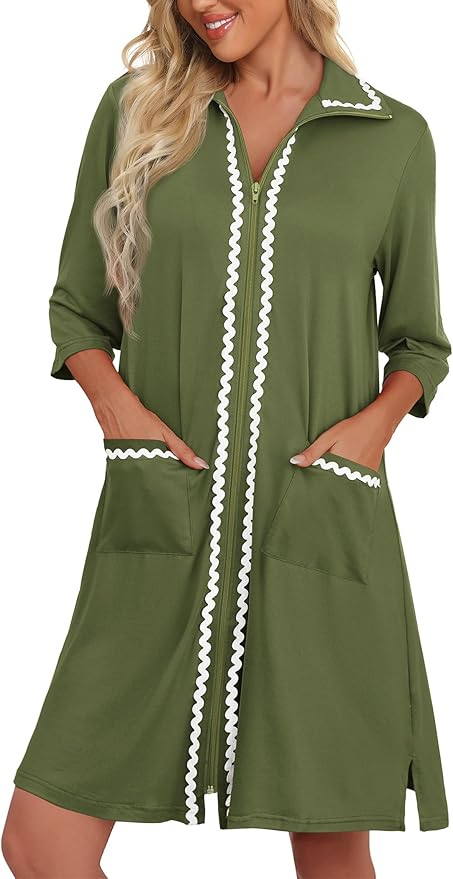 Ekouaer Women Zipper Robe Lightweight House Coat Zipper Front Short Bathrobes Soft Nightgown with Pockets S-3XL