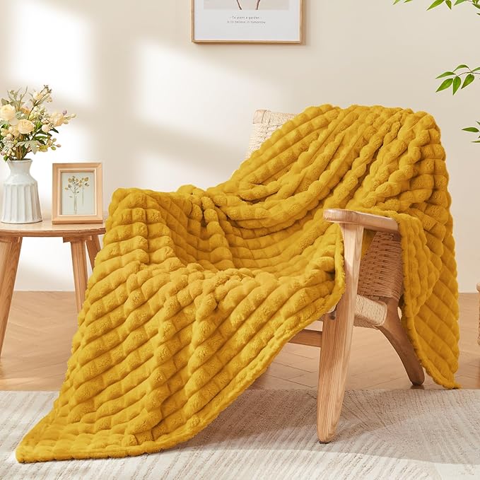 BEDELITE Mustard Yellow Throw Blanket Twin Size for Bed- Super Soft and Warm 3D Checkered Fluffy Fuzzy Fleece Blanket, Luxurious Plush Cozy Blanket for Room Decor Fall and Winter, 60x80 inches