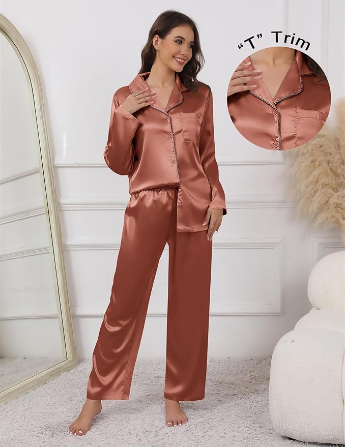 Ekouaer Pajamas For Women Set Silk Pjs 2 Piece Satin Sleepwear Long Sleeve Button Down Lounge Sets With Pant