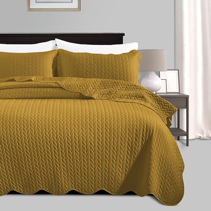 IR Imperial Rooms Twin Quilt Bedding Set Size (68” x 86”) + 1 Pillow Shams (20” x 26” + 2”) - 2 Pcs All Season Lightweight Reversible Microfiber Coverlet Embossed Quilt Bedspread (Ochre)