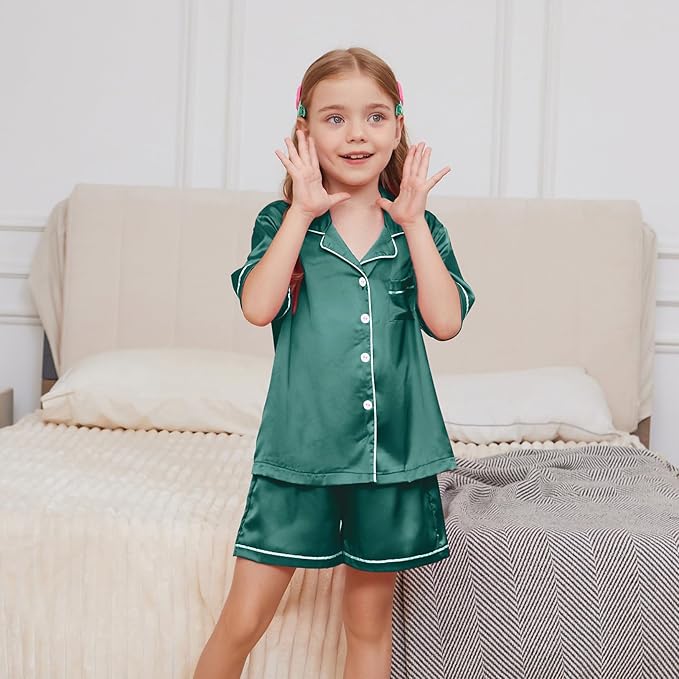 QPANCY Kids Satin Pajamas Sets Baby Boy Girl Button-Down Silk Sleepwear 2 Piece Short Sleeve Loungewear Clothes Set