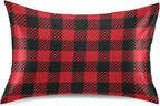 Christmas and New Year Buffalo Plaid Satin Pillowcase for Hair and Skin, Red and Black Buffalo Check Plaid Silk Pillow Case with Envelope Closure, King Size 20x40 inches, 1 PC