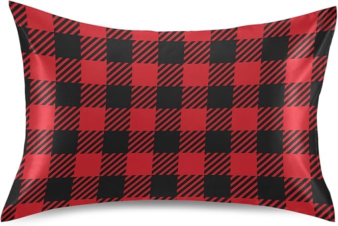 Christmas and New Year Buffalo Plaid Satin Pillowcase for Hair and Skin, Red and Black Buffalo Check Plaid Silk Pillow Case with Envelope Closure, Queen Size 20x30 inches, 1 PC