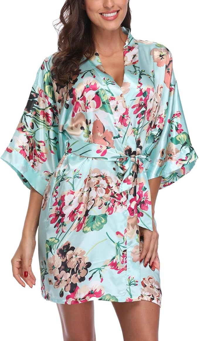 Women's Floral Satin Robes Bride Bridesmaid Getting Ready Robe Short Silky Kimono Sleepwear for Wedding Party