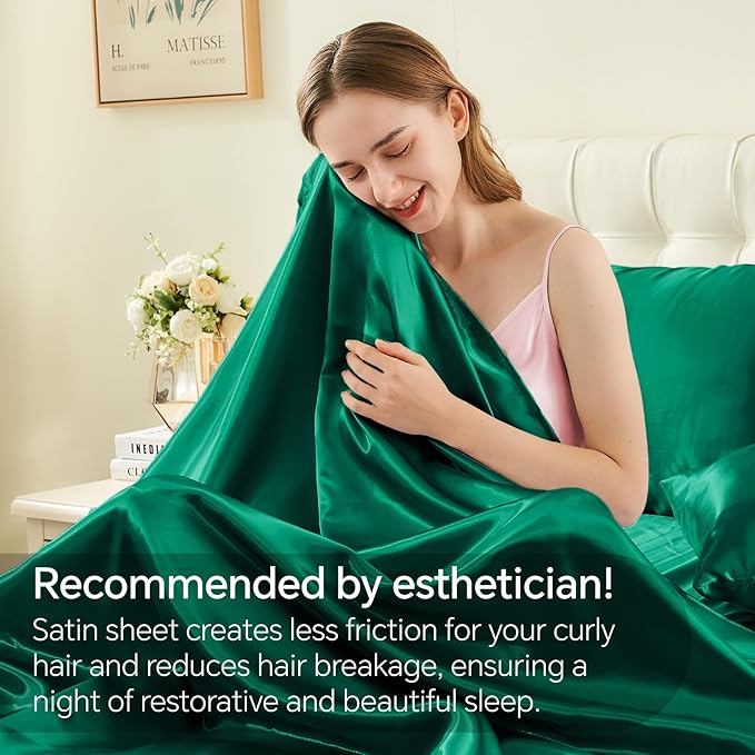 BEDELITE California King Sheets Set, Luxury Soft Dark Green Satin Sheets for Hair and Skin, Similar to Silk Bed Sheets Set 4 Pieces with 1 Deep Pocket Fitted Sheet, 1 Flat Sheet, and 2 Pillowcases