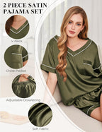 Silk Pajamas for Women Short Sleeve Satin 2 Piece Pj Set Soft V Neck Sleepwear Loungewear, S-XXL
