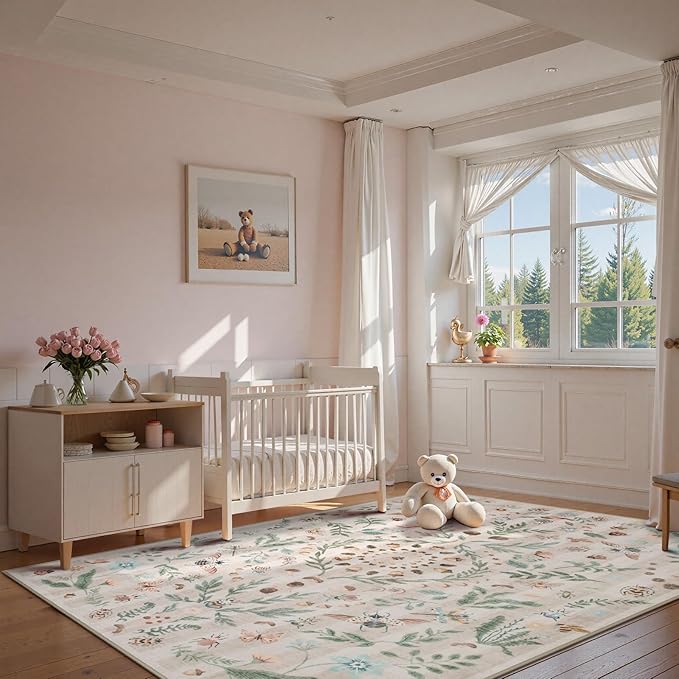 Lahome Chloe Insect Botanical Washable Beige 6x9 Area Rugs for Living Room, Non Slip Rugs for Bedroom, Boho Indoor Throw Dining Room Rugs for Under Table Carpet for Home Office Playroom(Beige,6x9)