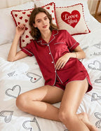 Ekouaer Womens Silk Satin Pajamas Set Short Sleeve Sleepwear Button Down Loungewear 2 Piece Pjs Shorts Set S-5X Plus Size
