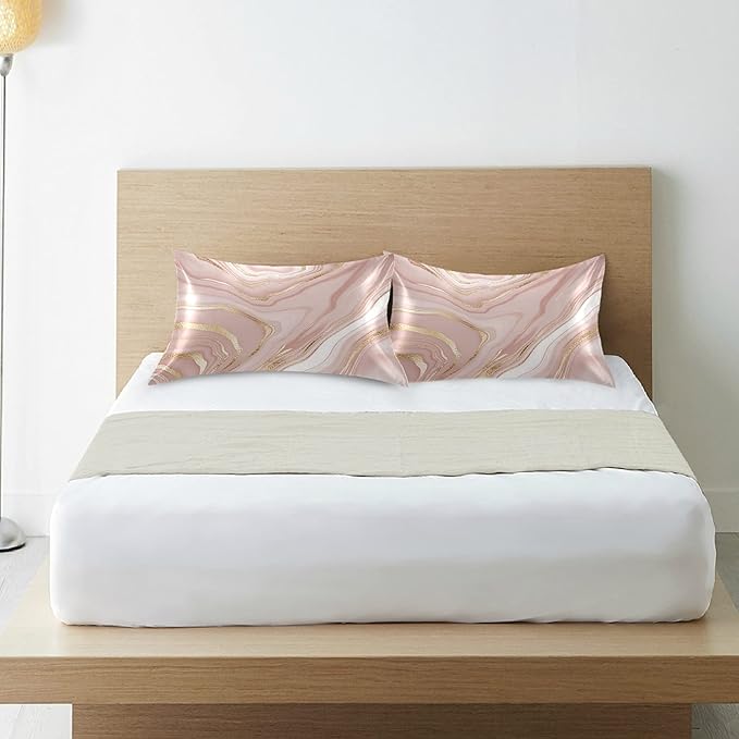 Rose Gold Satin Pillowcase for Hair and Skin, Rose Gold Marble Silk Pillow Case with Envelope Closure, Standard Size 20x26 inches, 1 PC