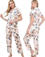 WJing Yi Jia Womens Pajamas Set XS-4XL Floral Silk Satin Pajama Sets Silky Pj Sets 2Pcs Loungewear Sleepwear Button Down Pjs