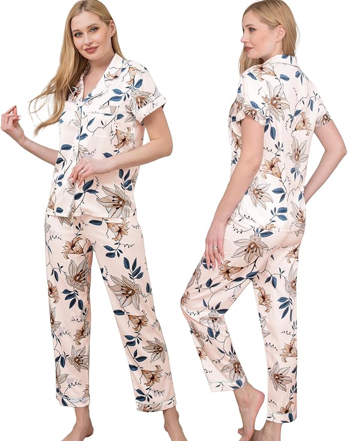 WJing Yi Jia Womens Pajamas Set XS-4XL Floral Silk Satin Pajama Sets Silky Pj Sets 2Pcs Loungewear Sleepwear Button Down Pjs
