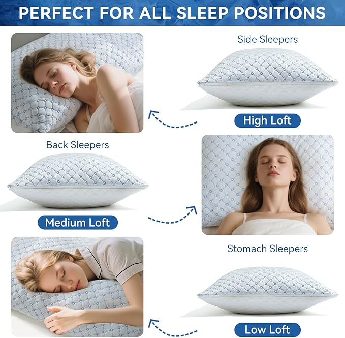 Cooling Bed Pillows for Sleeping Set of 2, Shredded Memory Foam Pillows for Bed Queen Size 2 Pack, Adjustable Cool Pillow for Side, Back and Stomach Sleepers Neck Supportive