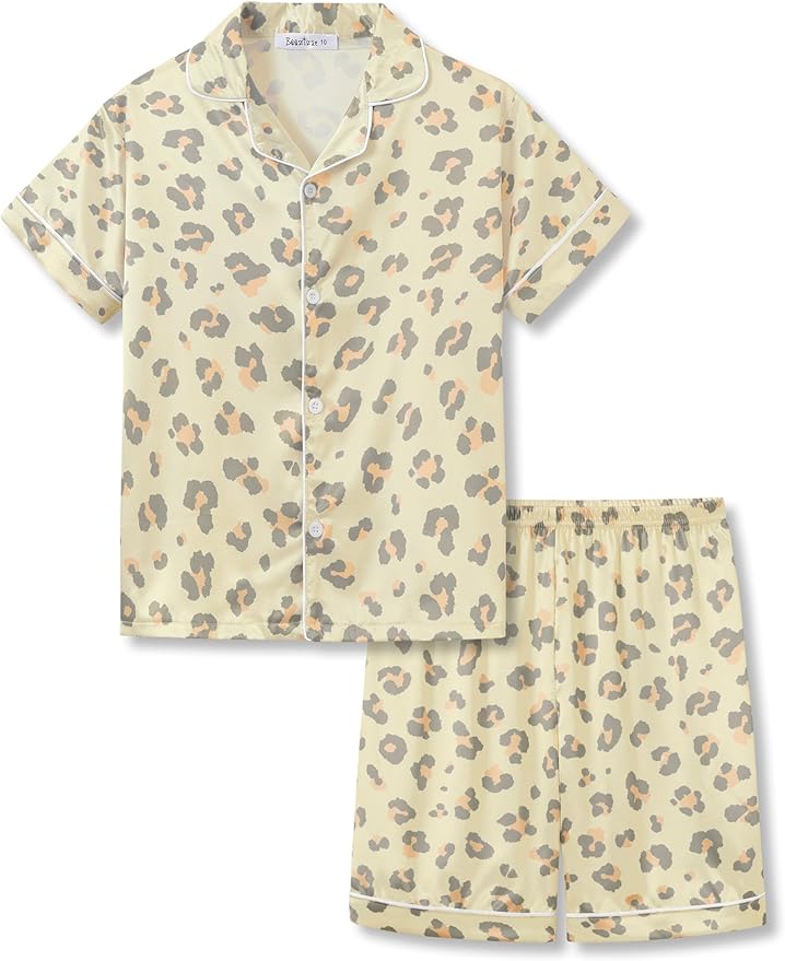 Beezizac Little & Big Girls Satin Silky Button Pajama Summer Short Sleeves Set Trendy Outfit Kid Size 6-16