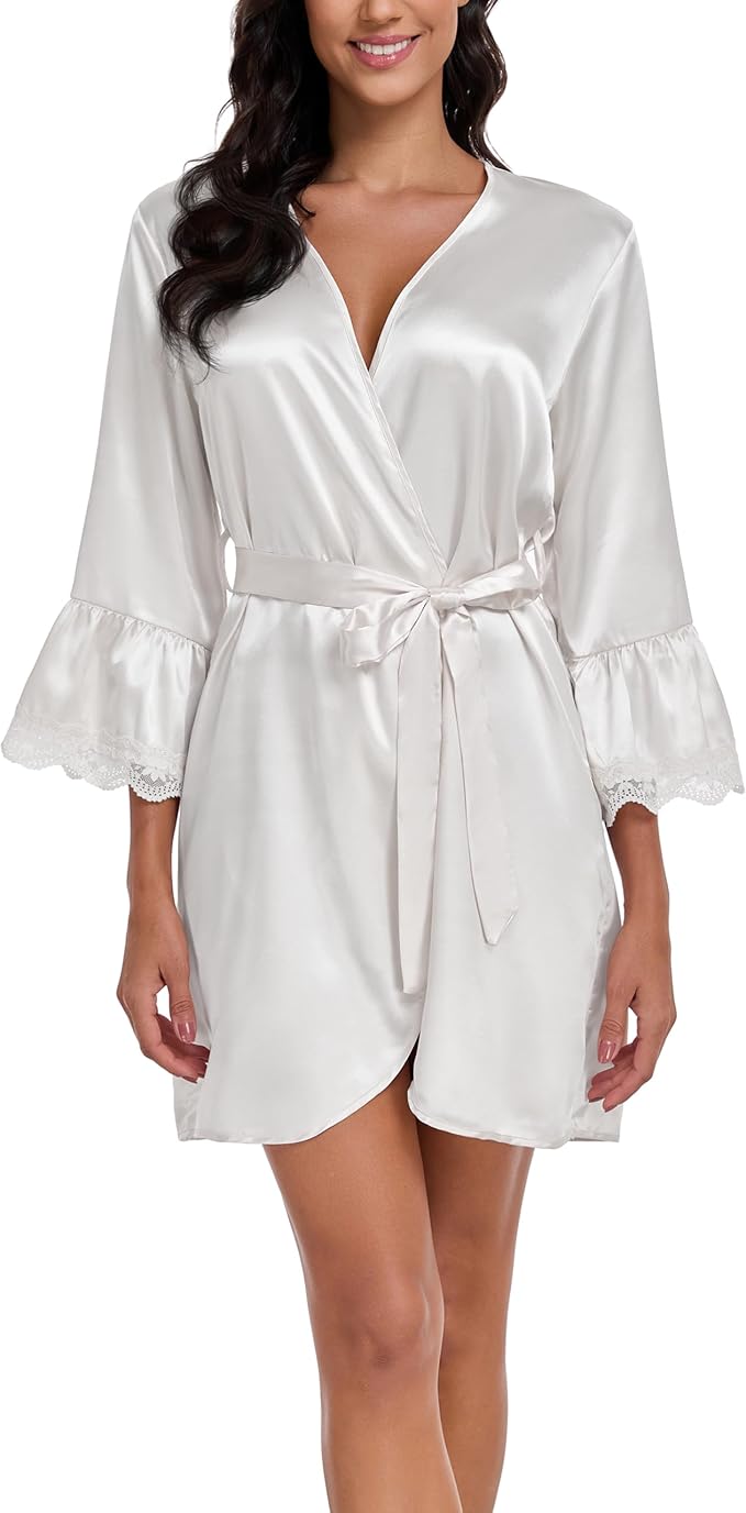 Lace Trim Satin Robes for Women Bride Bridesmaid Silky Kimono Robe Valentines Lingerie with Bell Sleeves