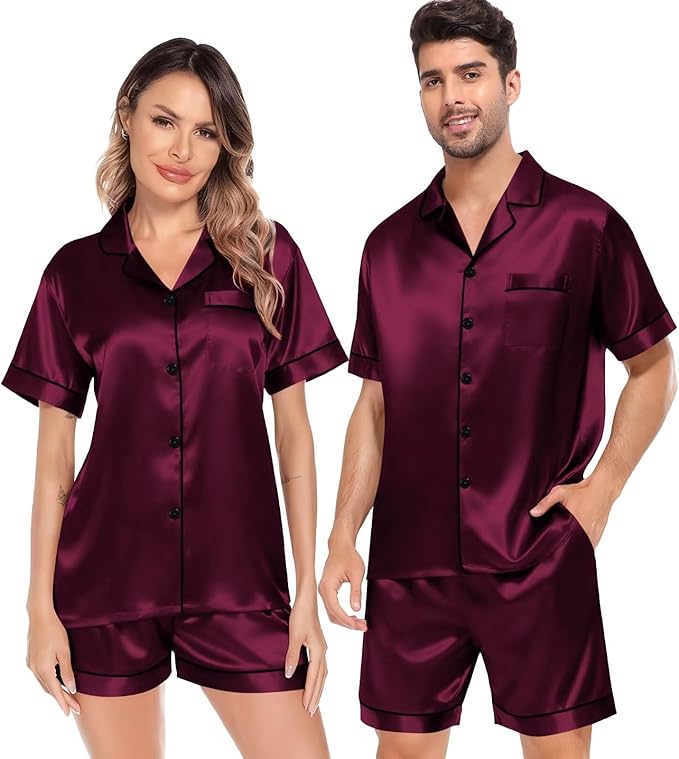 SWOMOG Satin Matching Pajamas Sets Couple Silk Button Down Nightwear Women & Men Short Sleeve Sleepwear 2 Pieces Loungewear